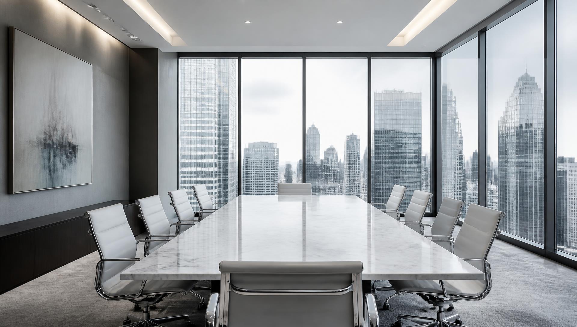 Sala de reunião de escritório de advocacia bem-sucedido com mesa de mármore e vista da cidade